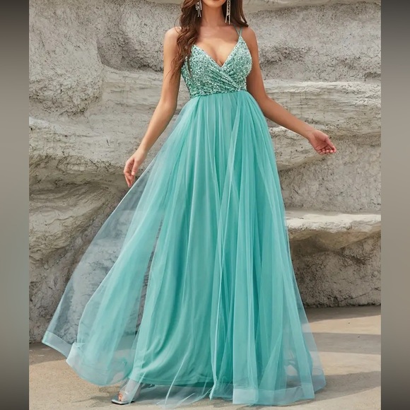 Luxe lace up back mesh sequins bodice party formal prom wedding gown dress - Picture 3 of 16